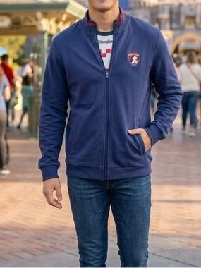 WALT DISNEY WORKS Men's Navy Zip-Up Sweater Jacket with Crest! M/L